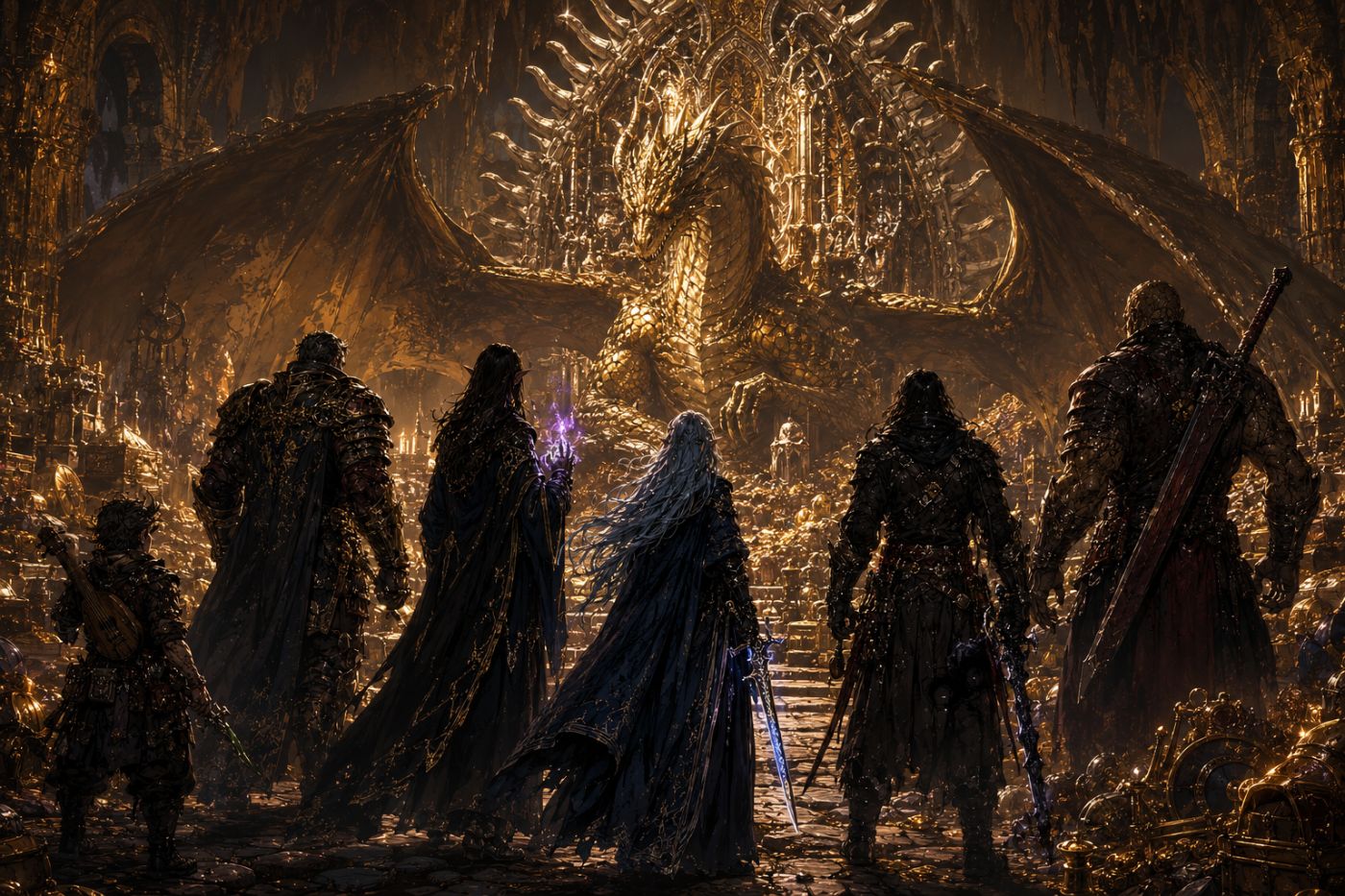 La Compagnia delle Anime Erranti davanti al drago dorato